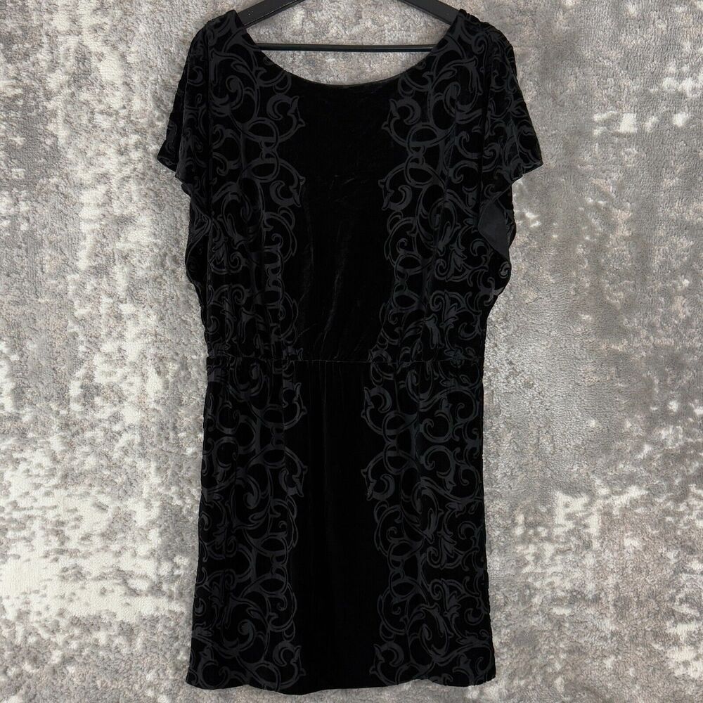 White House Black Market Sz M Black Velvet Burnout Blouson Dress Flutter Sleeve